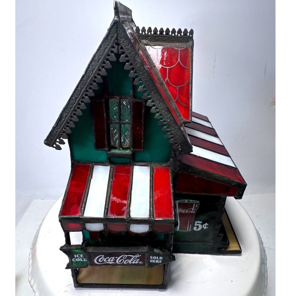 Coca-Cola Stained Glass Corner Store 1995 Franklin Mint Vintage Red Green House
